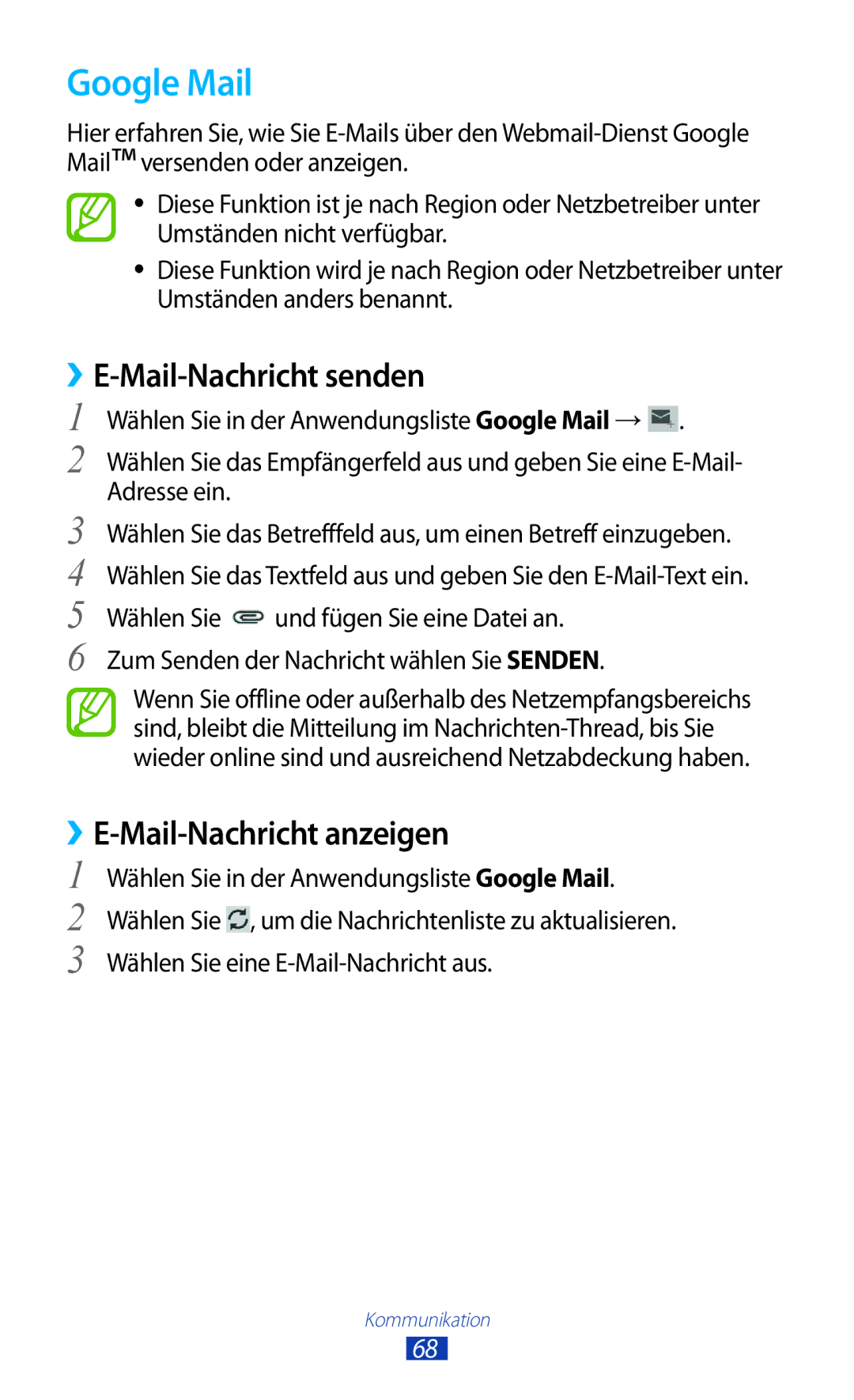 Samsung GT-P6201MAADBT, GT-P6201UWADBT manual Google Mail, ››E-Mail-Nachricht senden, Mail-Nachricht anzeigen 