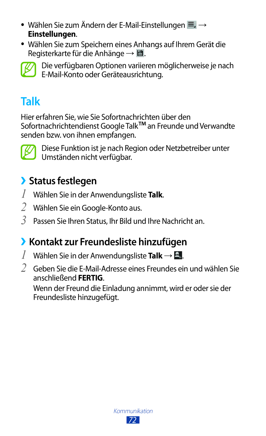 Samsung GT-P6201MAADBT, GT-P6201UWADBT manual Talk, ››Status festlegen, ››Kontakt zur Freundesliste hinzufügen 