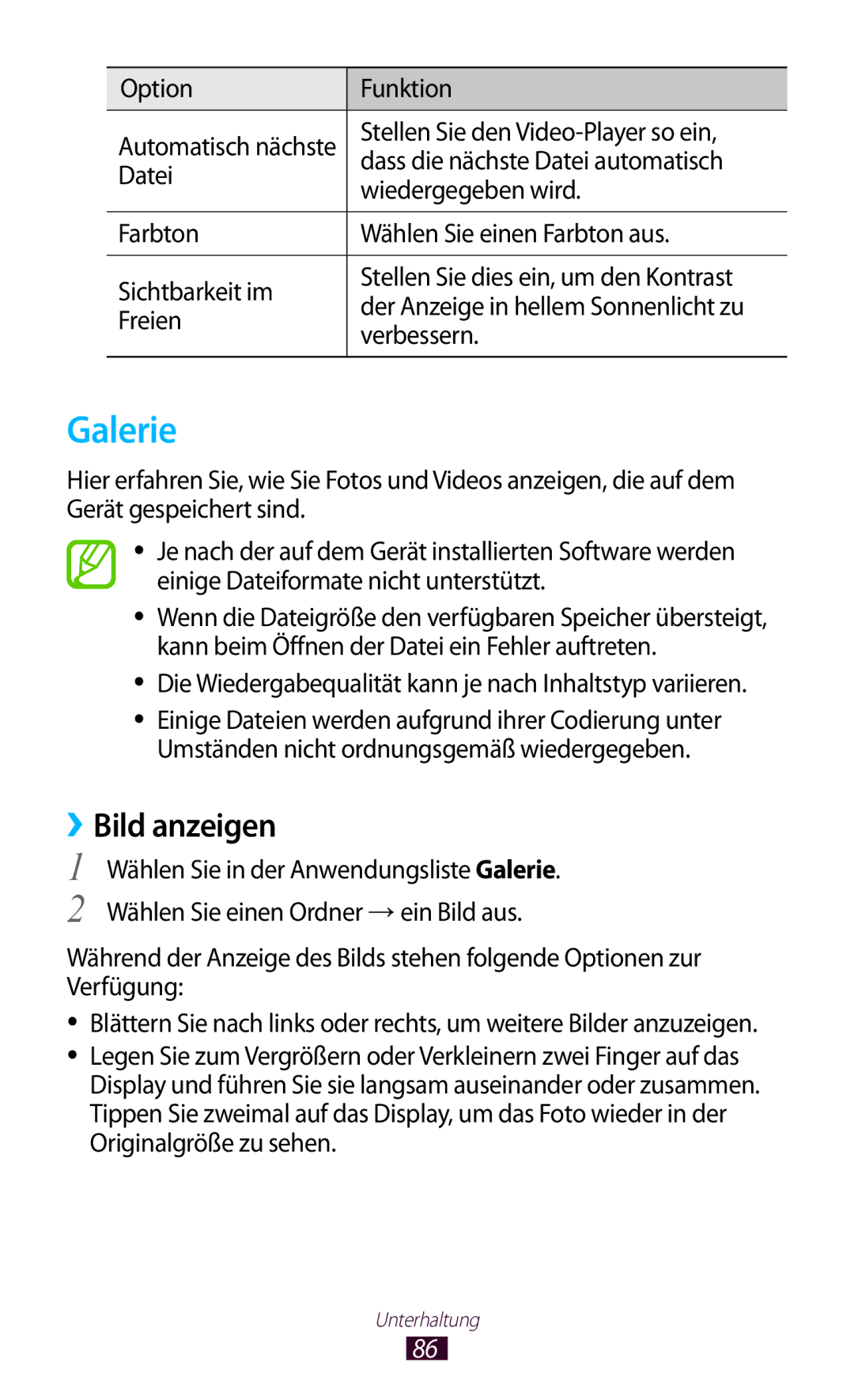 Samsung GT-P6201MAADBT, GT-P6201UWADBT manual Galerie, ››Bild anzeigen, Stellen Sie den Video-Player so ein 