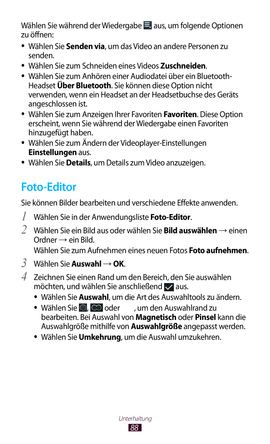 Samsung GT-P6201MAADBT, GT-P6201UWADBT manual Foto-Editor, Wählen Sie Auswahl, um die Art des Auswahltools zu ändern 