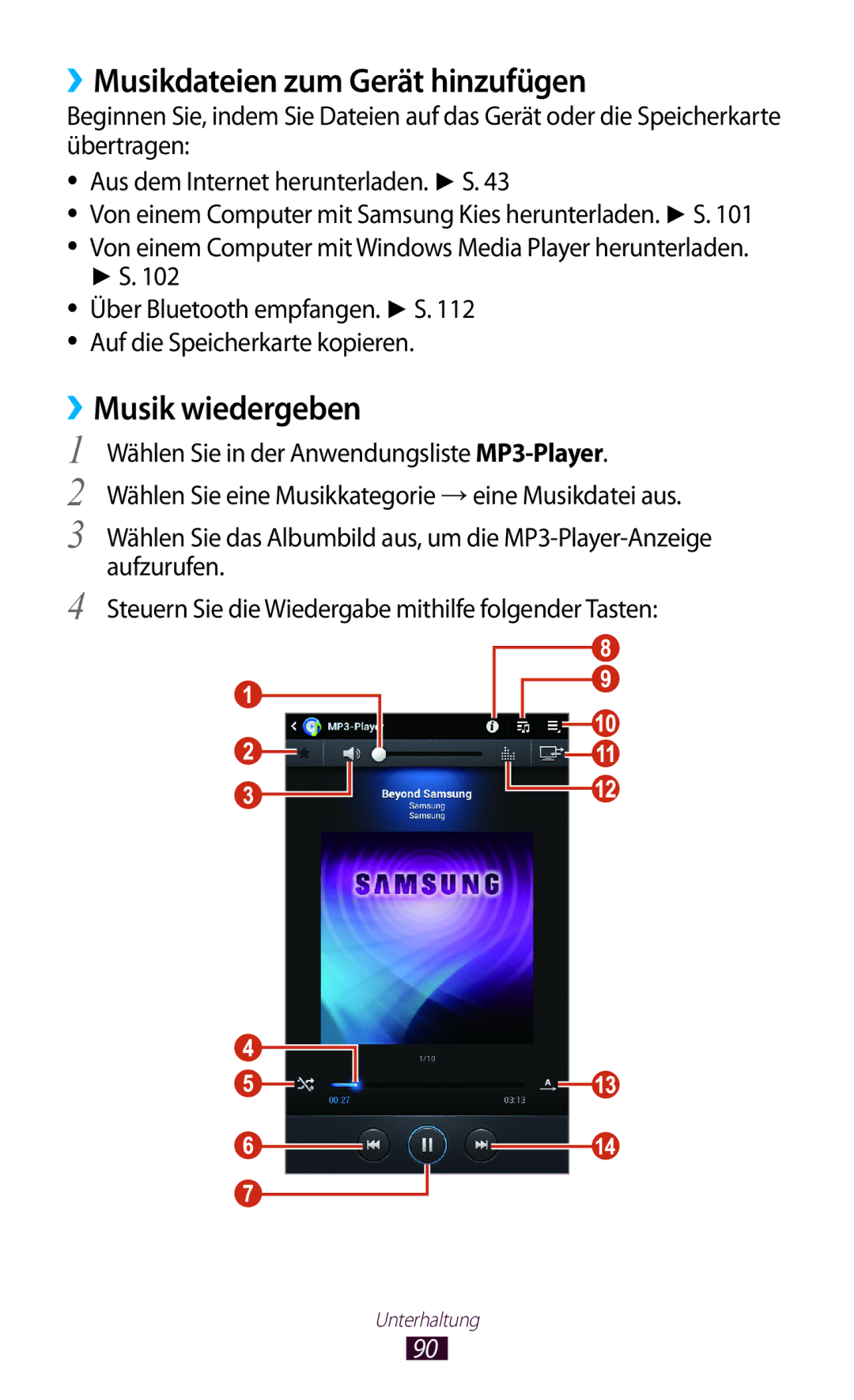 Samsung GT-P6201MAADBT, GT-P6201UWADBT manual ››Musikdateien zum Gerät hinzufügen, ››Musik wiedergeben 