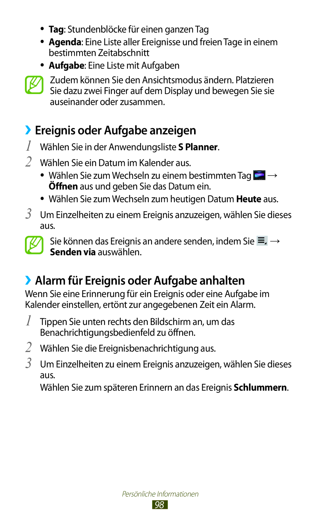 Samsung GT-P6201MAADBT, GT-P6201UWADBT manual ››Ereignis oder Aufgabe anzeigen, ››Alarm für Ereignis oder Aufgabe anhalten 