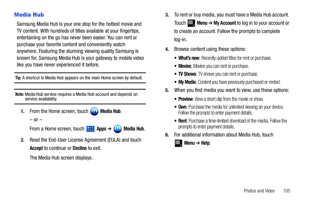 Samsung GT-P6210 user manual Media Hub, Menu Help 