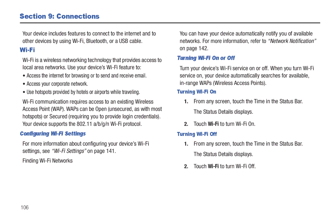 Samsung GT-P6210 Connections, Access your corporate network, Configuring Wi-Fi Settings, Turning Wi-Fi On or Off 