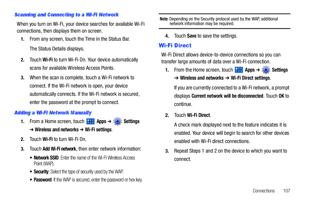 Samsung GT-P6210 user manual Wi-Fi Direct, Scanning and Connecting to a Wi-Fi Network, Adding a Wi-Fi Network Manually 