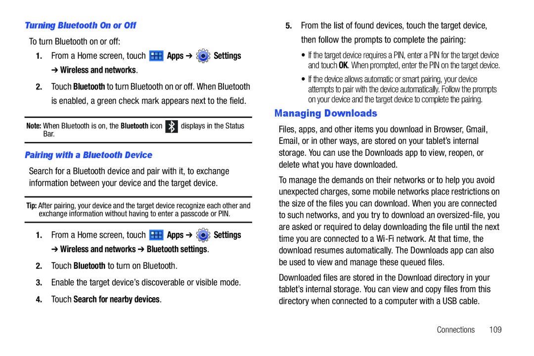 Samsung GT-P6210 user manual Managing Downloads, Turning Bluetooth On or Off, Pairing with a Bluetooth Device 