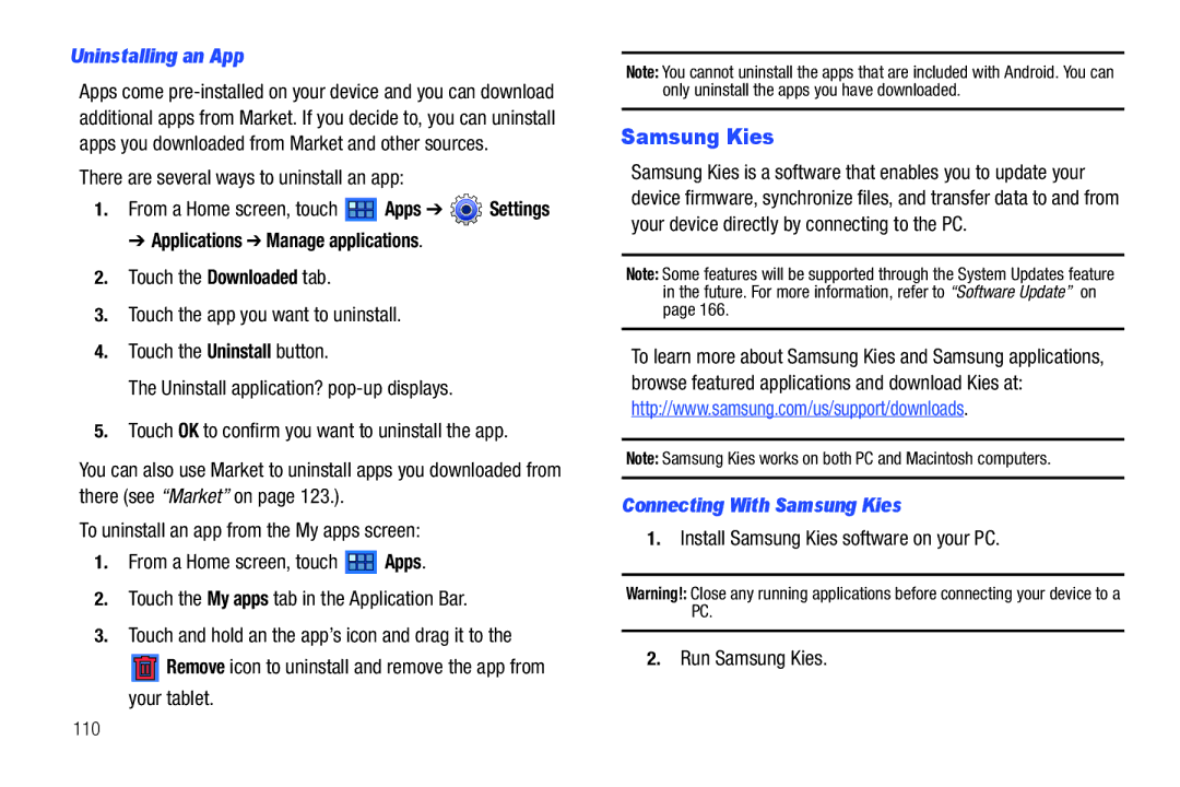 Samsung GT-P6210 user manual Uninstalling an App, Applications Manage applications, Connecting With Samsung Kies 