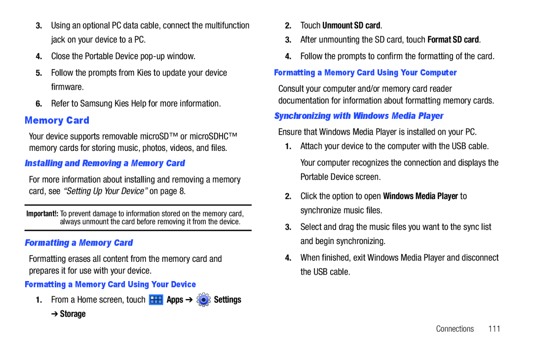 Samsung GT-P6210 user manual Installing and Removing a Memory Card, Formatting a Memory Card, Storage Touch Unmount SD card 