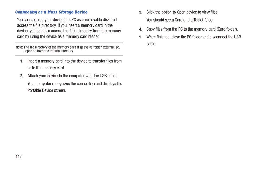 Samsung GT-P6210 Connecting as a Mass Storage Device, Copy files from the PC to the memory card Card folder, 112 