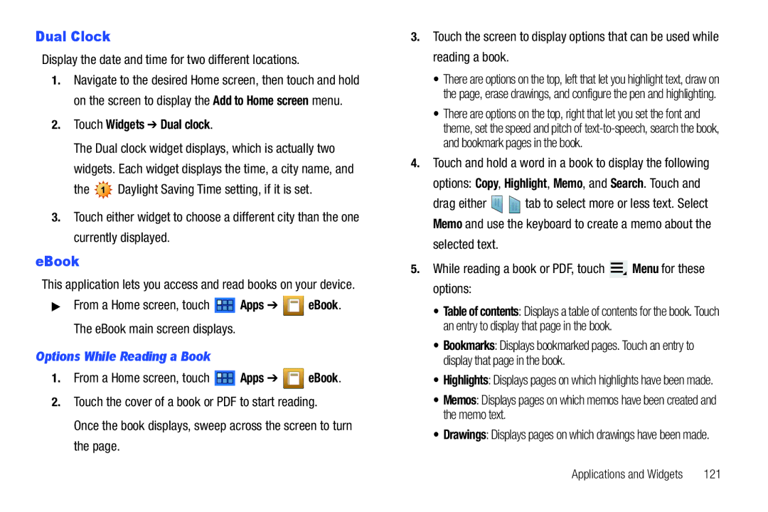 Samsung GT-P6210 user manual Dual Clock, EBook, Touch Widgets Dual clock, Options While Reading a Book 