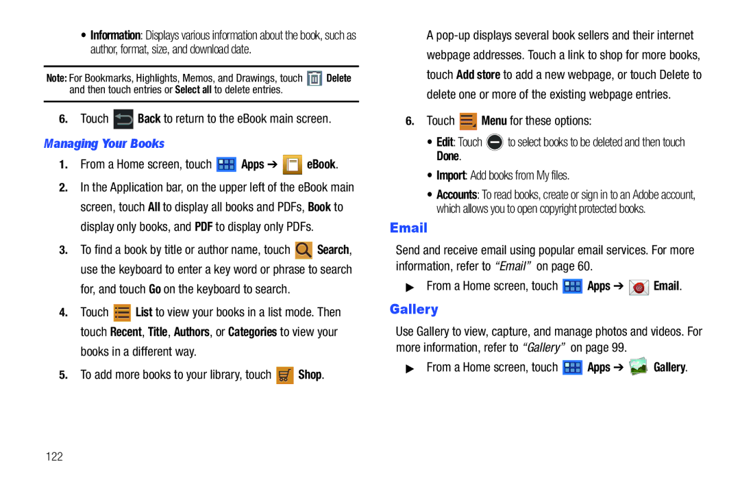 Samsung GT-P6210 Managing Your Books, For, and touch Go on the keyboard to search, From a Home screen, touch Apps Gallery 