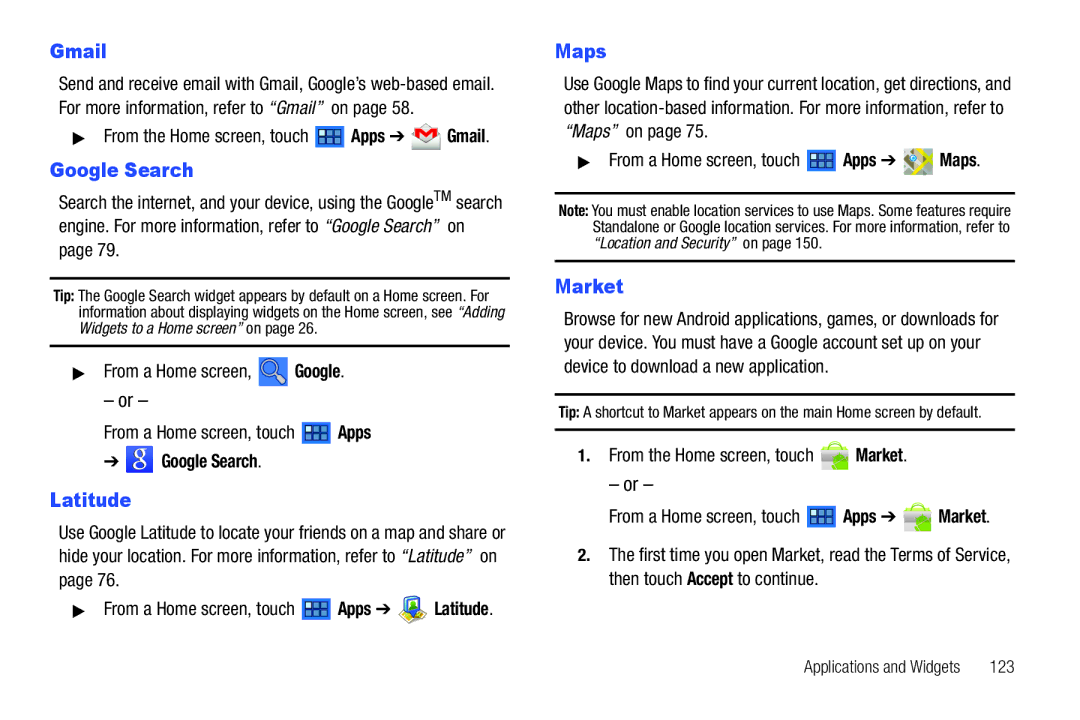 Samsung GT-P6210 user manual Market, From a Home screen, Google From a Home screen, touch Apps, 123 