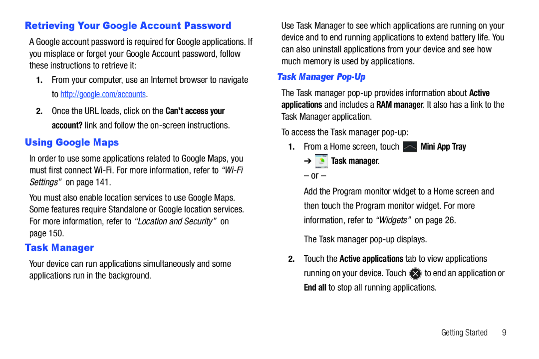 Samsung GT-P6210 Retrieving Your Google Account Password, Using Google Maps, Task Manager Pop-Up, Task manager 