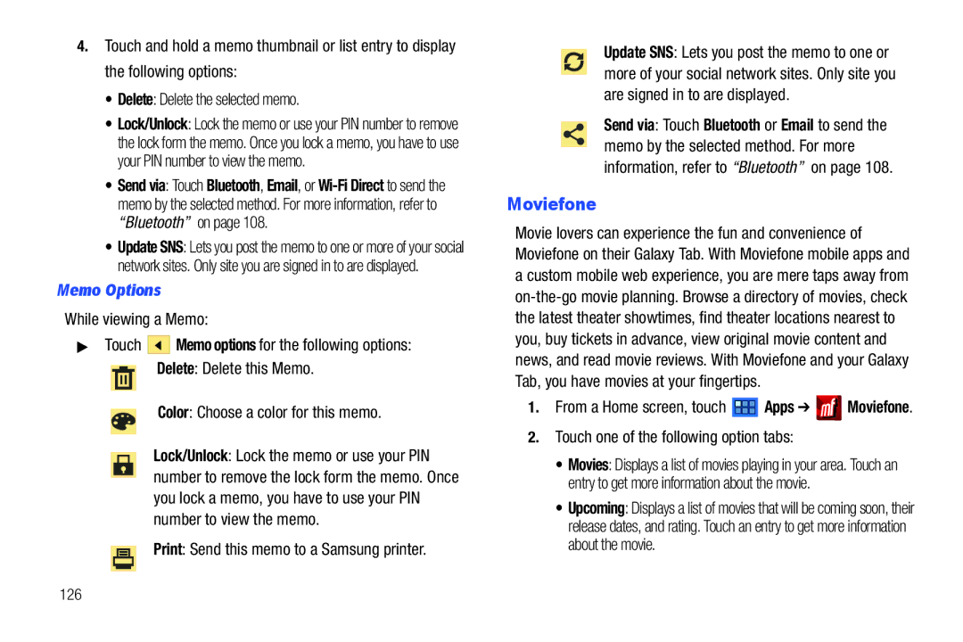 Samsung GT-P6210 user manual Moviefone, Memo Options 