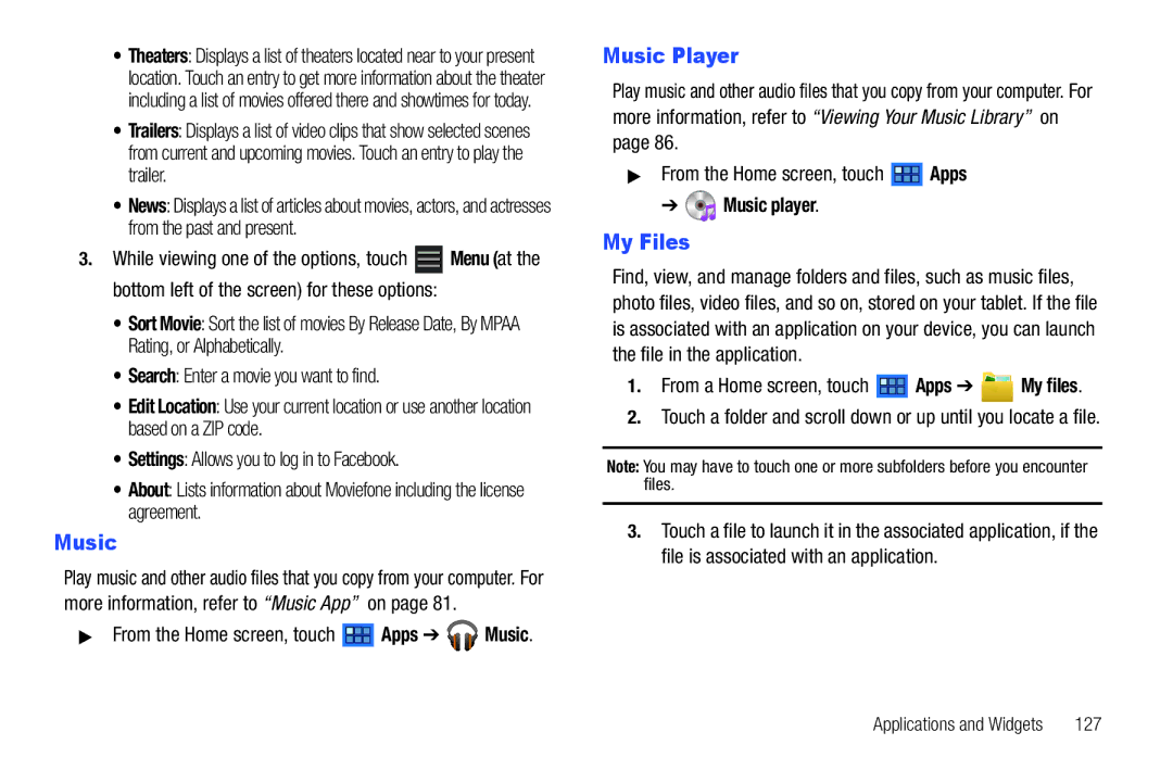 Samsung GT-P6210 user manual My Files, From the Home screen, touch Apps Music, 127 