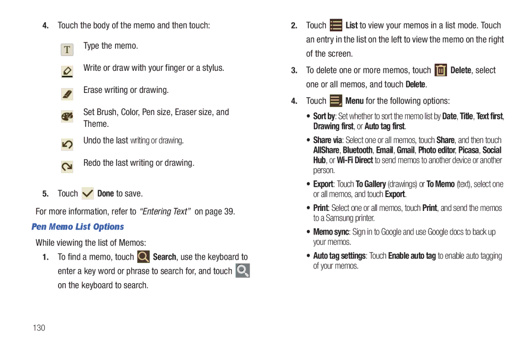 Samsung GT-P6210 user manual Pen Memo List Options, 130 