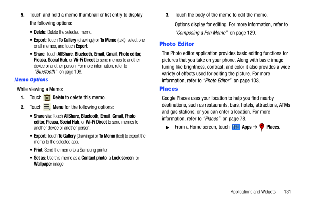 Samsung GT-P6210 user manual Print Send the memo to a Samsung printer, Touch the body of the memo to edit the memo, 131 