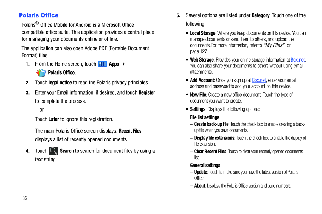 Samsung GT-P6210 user manual Polaris Office, Settings Displays the following options, File list settings 