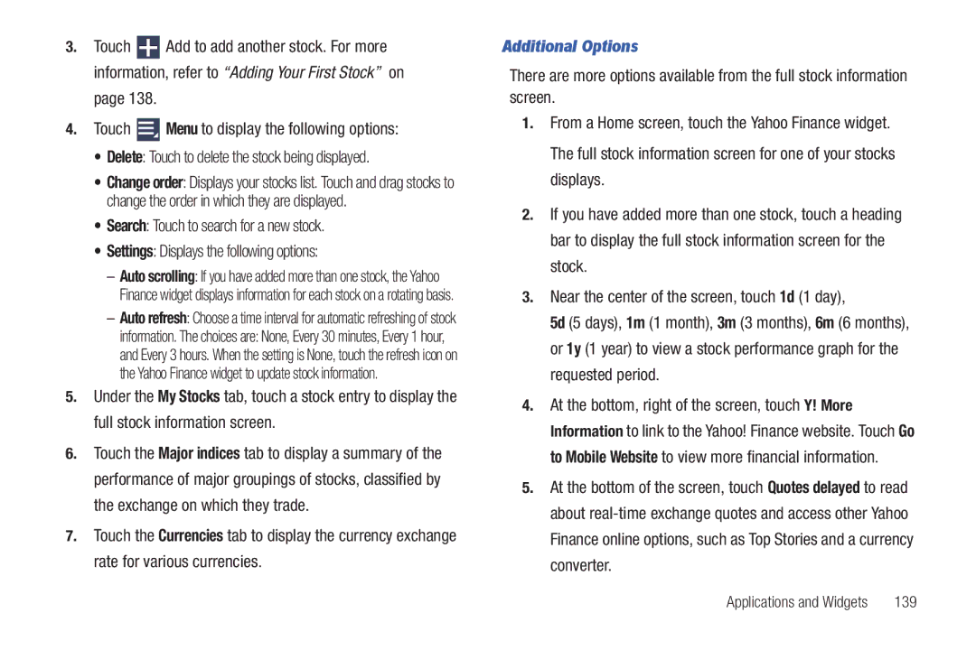 Samsung GT-P6210 user manual Additional Options, Delete Touch to delete the stock being displayed, 139 