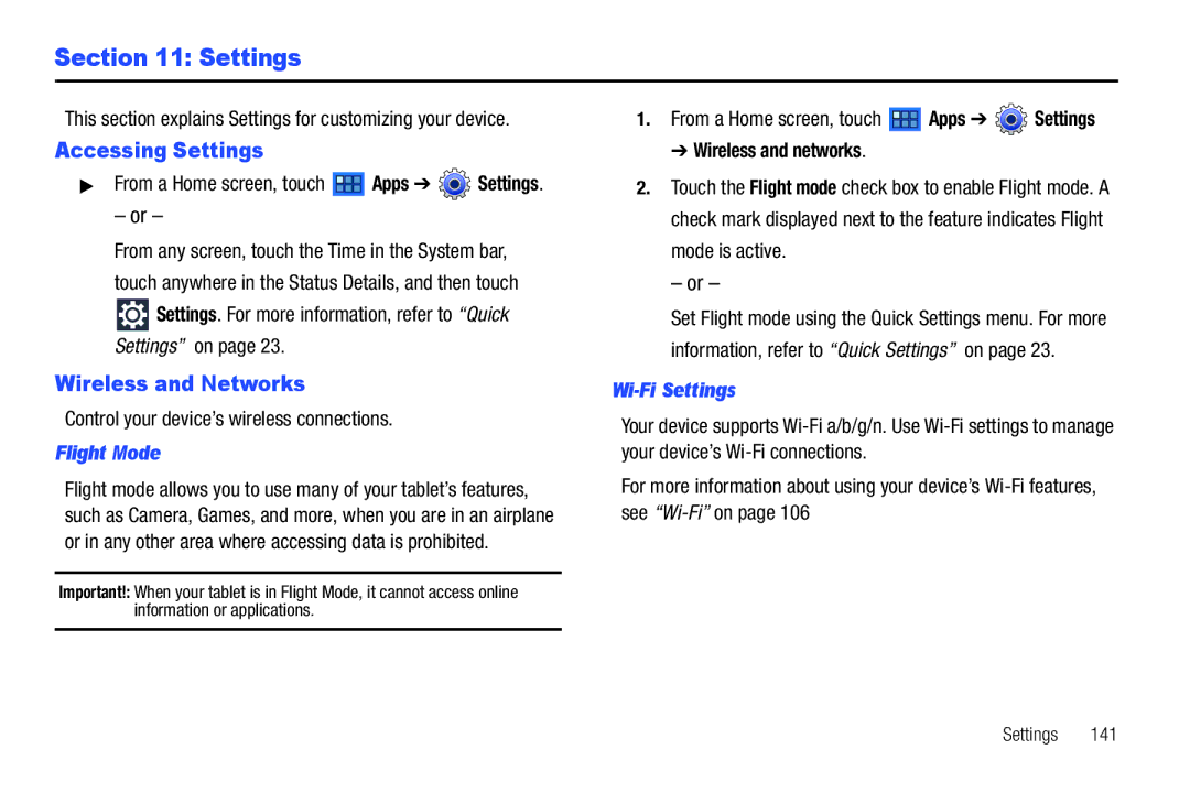 Samsung GT-P6210 user manual Accessing Settings, Wireless and Networks, Flight Mode, Wi-Fi Settings 