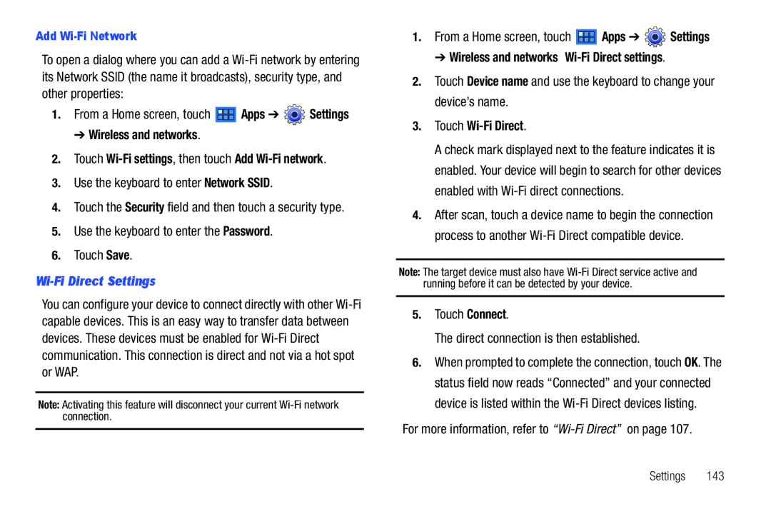 Samsung GT-P6210 user manual Wi-Fi Direct Settings, Wireless and networks Wi-Fi Direct settings 