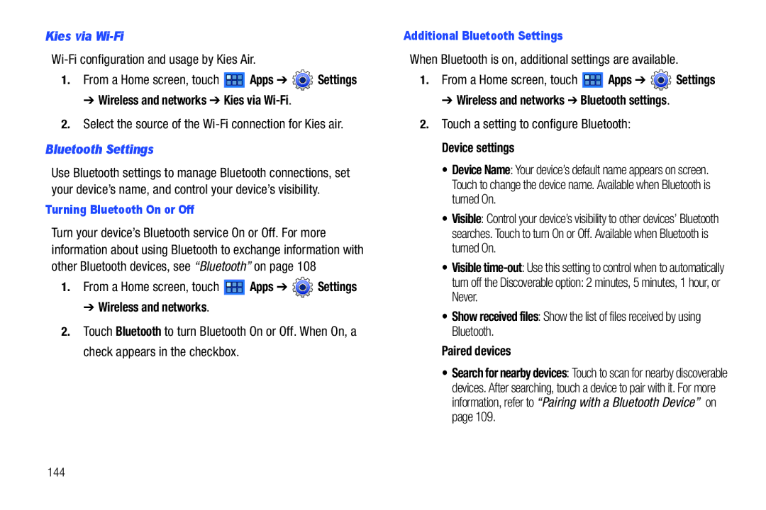 Samsung GT-P6210 user manual Wireless and networks Kies via Wi-Fi, Bluetooth Settings, Device settings 