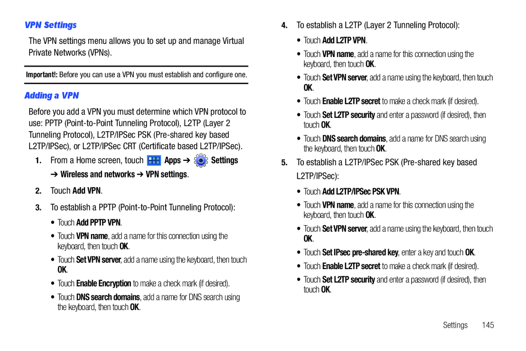 Samsung GT-P6210 user manual VPN Settings, Adding a VPN 