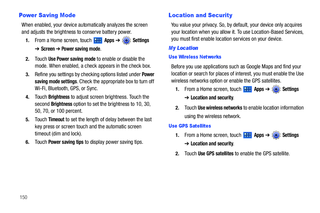 Samsung GT-P6210 Power Saving Mode, Location and Security, Screen Power saving mode, My Location, Location and security 