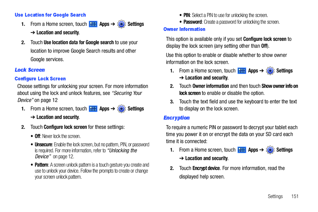 Samsung GT-P6210 user manual Lock Screen, PIN Select a PIN to use for unlocking the screen, Encryption 