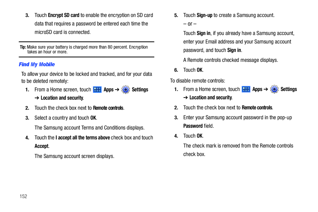 Samsung GT-P6210 user manual Find My Mobile, Samsung account Terms and Conditions displays, 152 