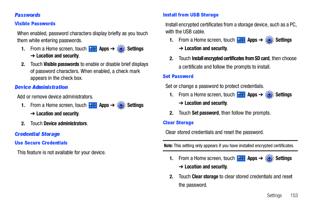 Samsung GT-P6210 Passwords, Device Administration, Location and security Touch Device administrators, Credential Storage 