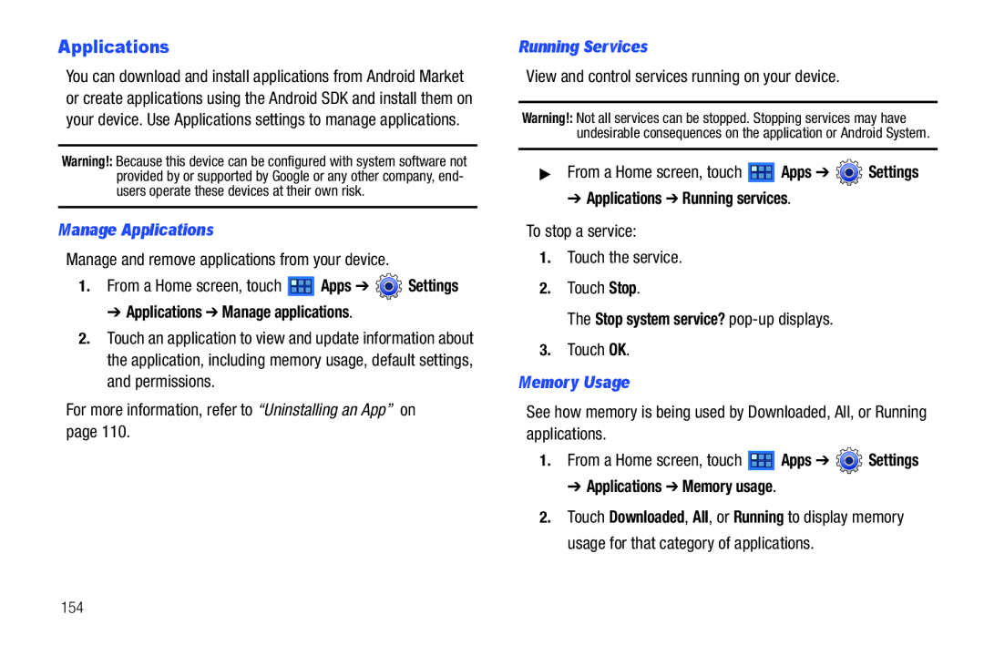 Samsung GT-P6210 user manual Manage Applications, Running Services, Memory Usage 