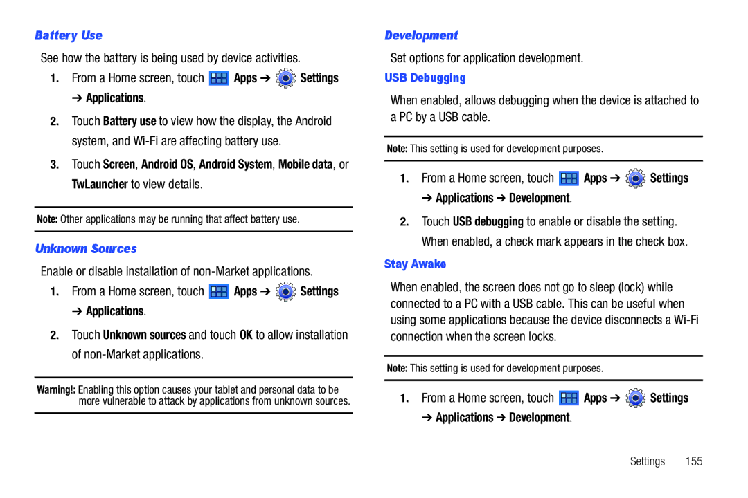 Samsung GT-P6210 user manual Battery Use, Unknown Sources, Applications Development 