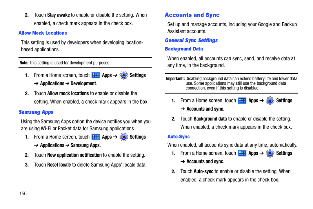 Samsung GT-P6210 user manual Accounts and Sync, Applications Samsung Apps, General Sync Settings 