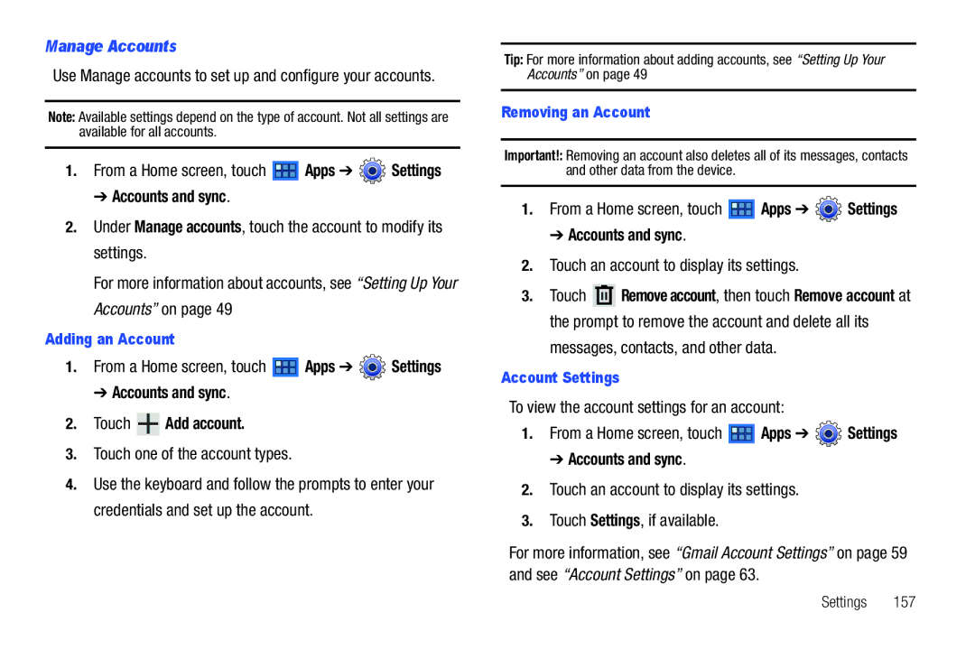 Samsung GT-P6210 user manual Manage Accounts, Accounts and sync Touch Add account, Touch one of the account types 