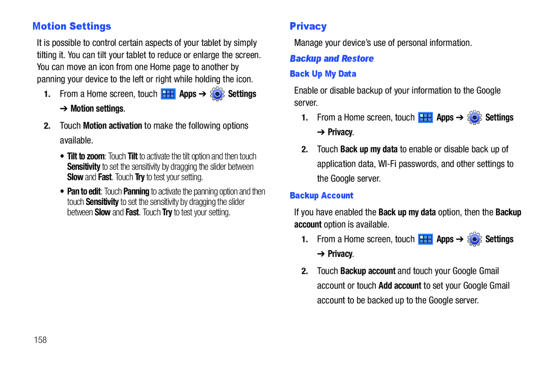 Samsung GT-P6210 user manual Motion Settings, Privacy, Motion settings, Backup and Restore 