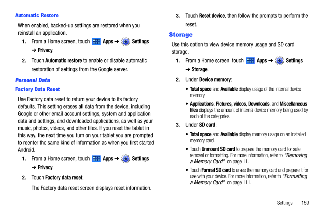 Samsung GT-P6210 user manual Storage, Personal Data, Privacy Touch Factory data reset, Under SD card 