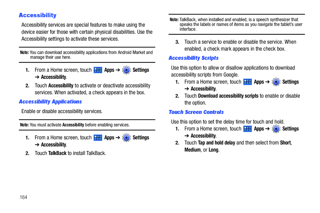 Samsung GT-P6210 user manual Accessibility Applications, Accessibility Scripts, Touch Screen Controls 