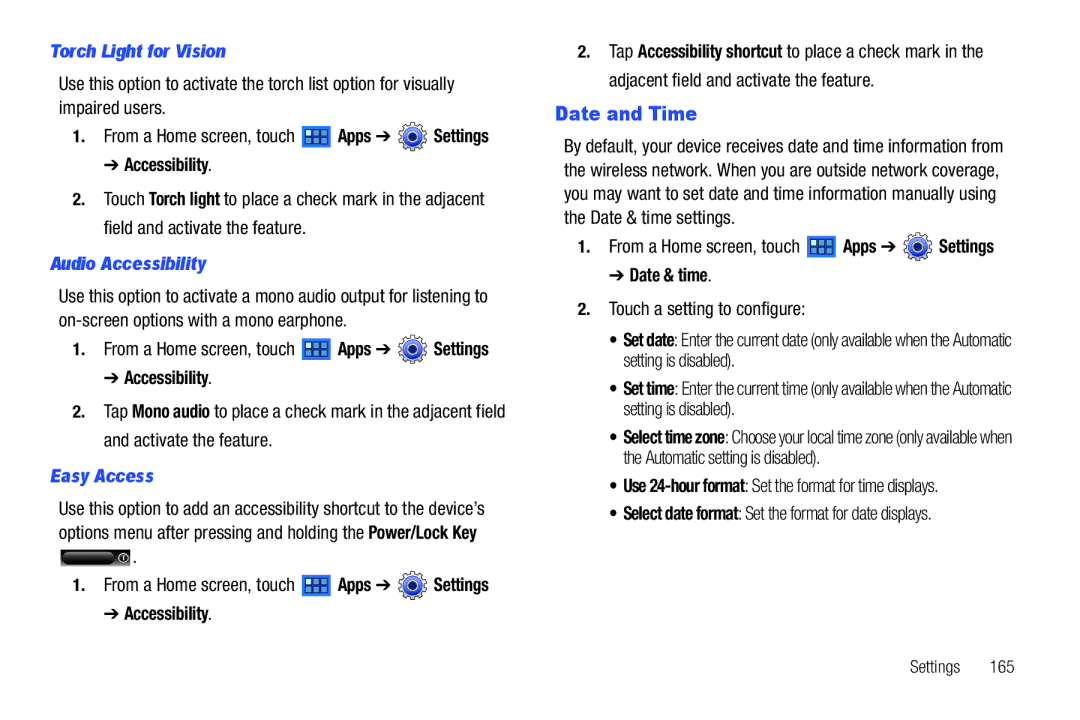 Samsung GT-P6210 user manual Date and Time, Torch Light for Vision, Audio Accessibility, Easy Access, Date & time 