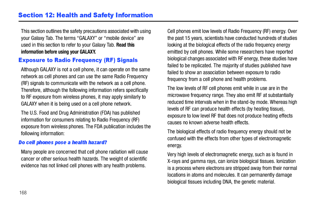 Samsung GT-P6210 user manual Health and Safety Information, Exposure to Radio Frequency RF Signals, 168 