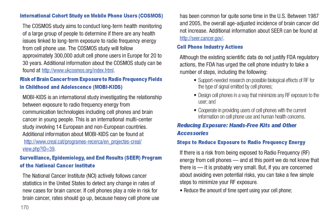 Samsung GT-P6210 user manual Reducing Exposure Hands-Free Kits and Other Accessories, Cell Phone Industry Actions 