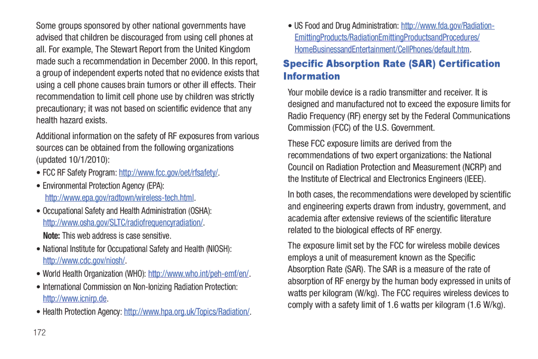 Samsung GT-P6210 user manual Specific Absorption Rate SAR Certification Information, 172 