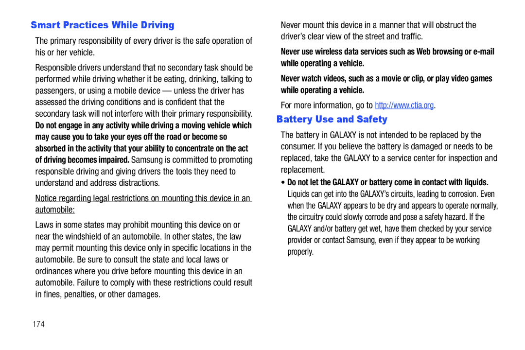 Samsung GT-P6210 user manual Smart Practices While Driving, Battery Use and Safety, 174 