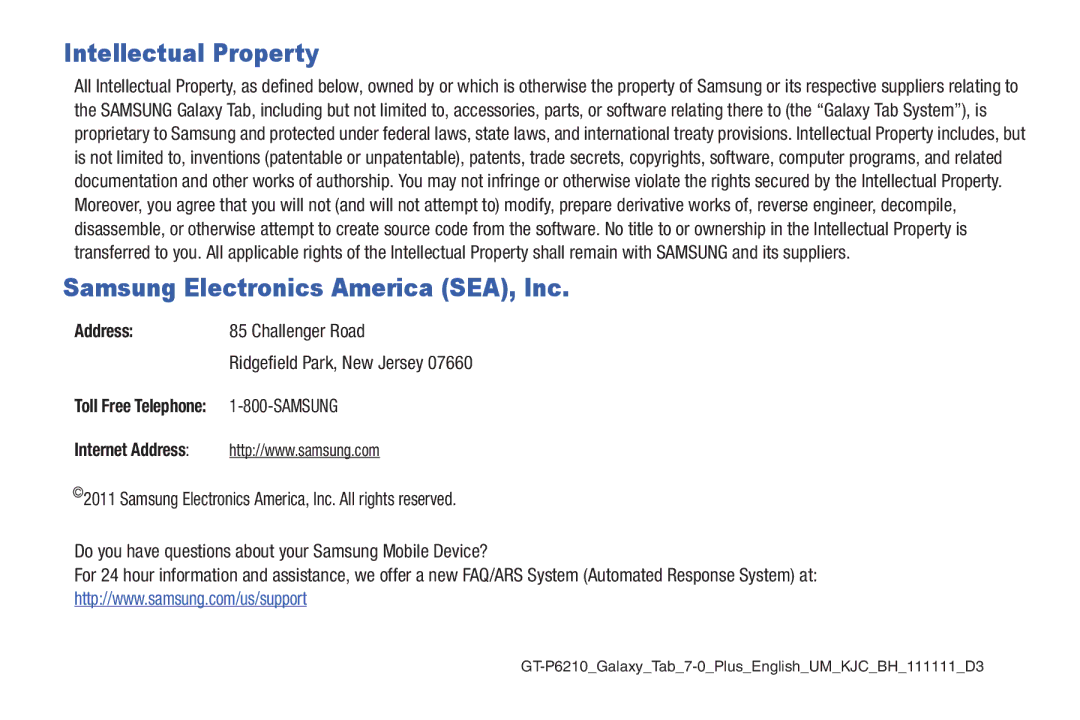 Samsung GT-P6210 user manual Address, Challenger Road, Samsung 