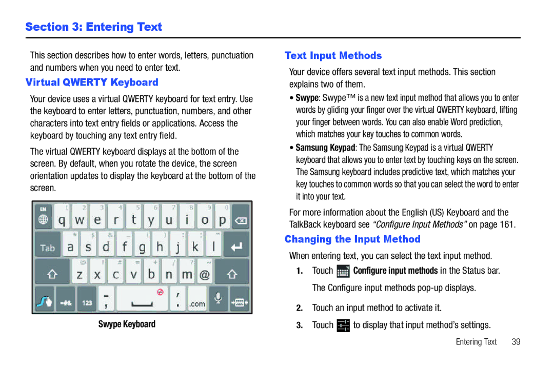 Samsung GT-P6210 Entering Text, Virtual Qwerty Keyboard, Text Input Methods, Changing the Input Method, Swype Keyboard 