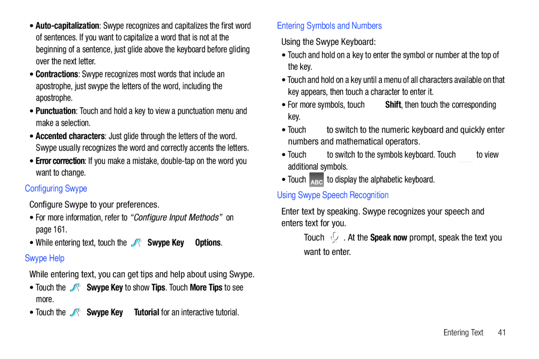 Samsung GT-P6210 user manual Configuring Swype, Swype Help, Entering Symbols and Numbers, Using Swype Speech Recognition 