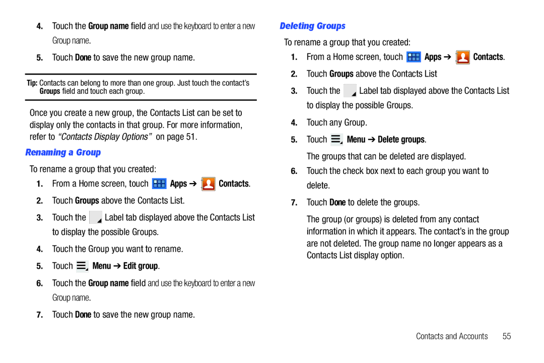 Samsung GT-P6210 user manual Renaming a Group, Deleting Groups 