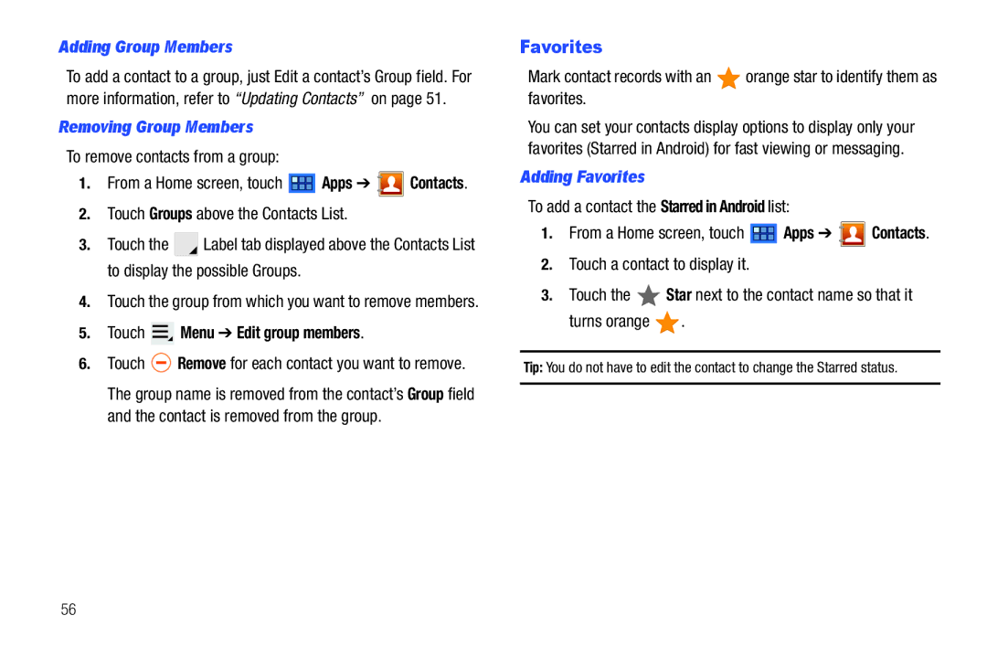 Samsung GT-P6210 Adding Group Members, Removing Group Members, Touch Menu Edit group members, Adding Favorites 