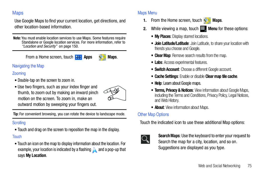 Samsung GT-P6210 user manual Navigating the Map, Maps Menu, Other Map Options 