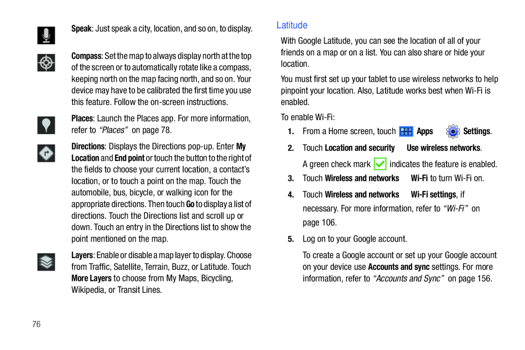 Samsung GT-P6210 user manual Latitude, Log on to your Google account, From a Home screen, touch Apps Settings 